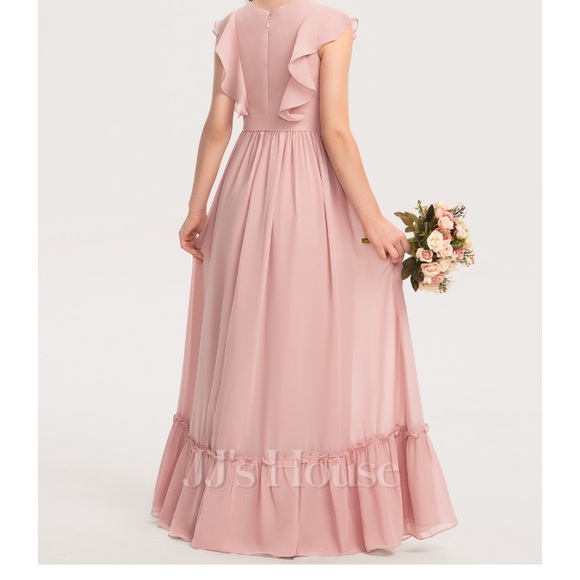 Junior Dress, A line floor length chiffon with bow cascading ruffles. - Picture 2 of 9